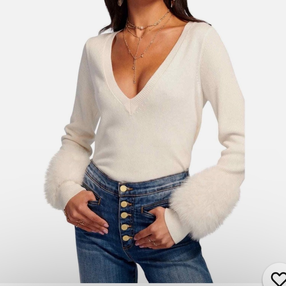 Ramy Brook ‘brody’ Wool/Cashmere V-Neck Long Sleeve Sweater Faux Fur Cuffs -XXL
